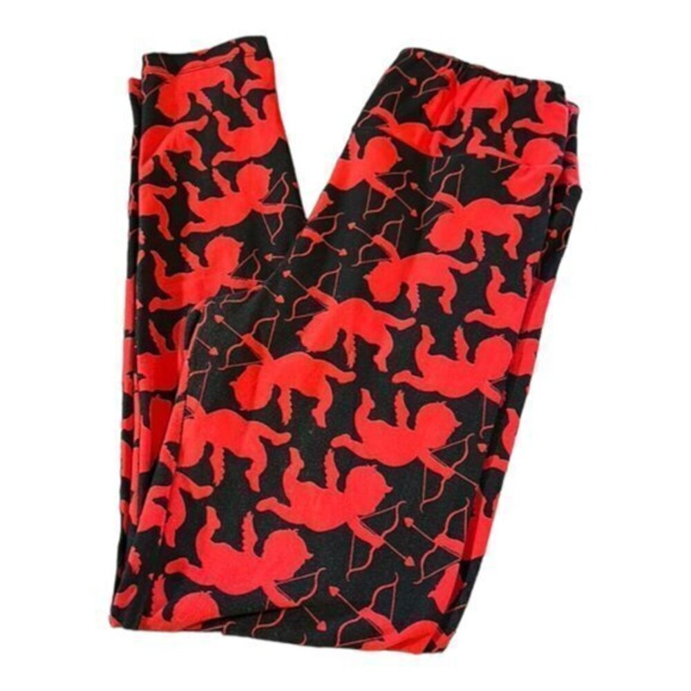 Lularor Valentine's Black Red Cupid Soft Buttery Leggings One Size GUC #5041